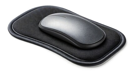 Wireless mouse resting on a black mousepad with wrist support for ergonomic comfort at work