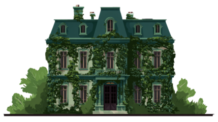 Mysterious haunted manor with ivy-covered walls