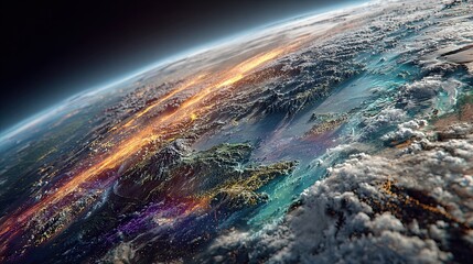 Abstract visual of a satellite-based Earth observation system with real-time climate modeling, AI-enhanced environmental analytics, global sensor network  