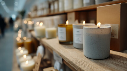 Lit candles on a wooden shelf in a cozy retail space.