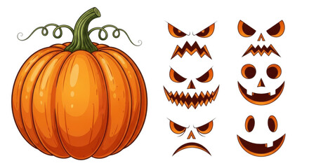 A single pumpkin with various spooky carved face designs for halloween isolated on transparent background