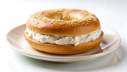 A Half Bagel With Cream Cheese On White Plate Background