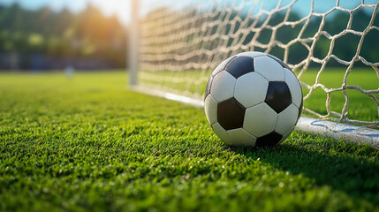 Fototapeta premium A football lying on the grass near the goal of a football field.
