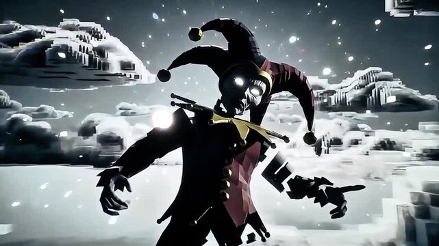 An AI-generated dream animation of a fragmented jester floating in a surreal digital sky full of pixelated clouds and glitch effects.