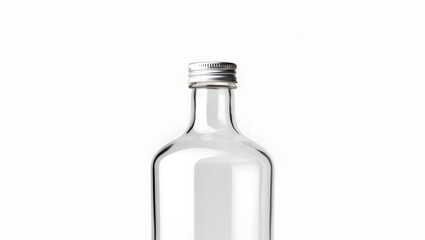 Empty Clear Glass Bottle with Silver Foil Cap - Isolated on White Background