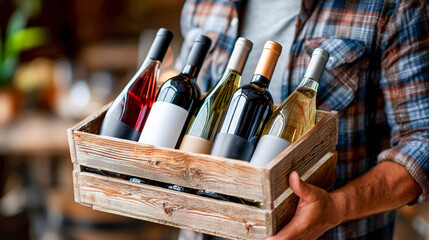 The man holds a wooden box containing bottles of different types of wine. The bottles have colorful labels and are sealed with corks.