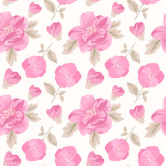 Seamless floral pattern featuring pink watercolor-style flowers on a white background, perfect for fabric, packaging, and feminine designs.