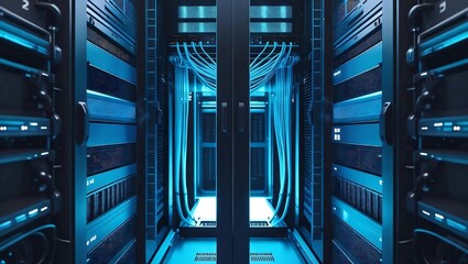 Data Center's digital frontier: A cutting-edge data center with sleek, modern design, a visual symphony of technology, featuring rows of servers and intricate network cables.