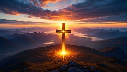 Mountain Peak with Cross and Dramatic Sunset