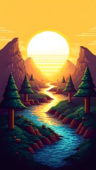 Pixel Art Mountain River Sunset Landscape