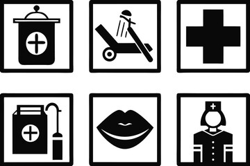 Medical healthcare symbols and human lips set of icons