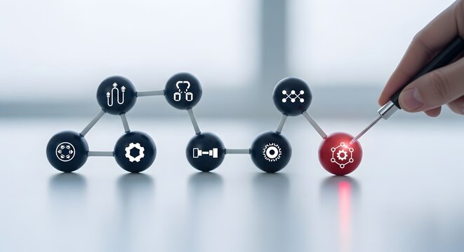 Concept of business process management and innovation. A hand points to a highlighted final stage in a workflow, symbolizing strategy and solution