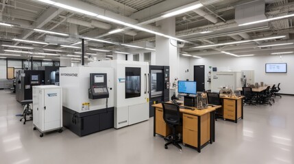 Modern hightech manufacturing workshop with precision cnc machines and ergonomic workstations showcasing advanced metalworking technology and sleek, minimalistic design
