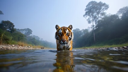 Majestic Bengal Tiger Standing in Shallow River, Misty Jungle Background