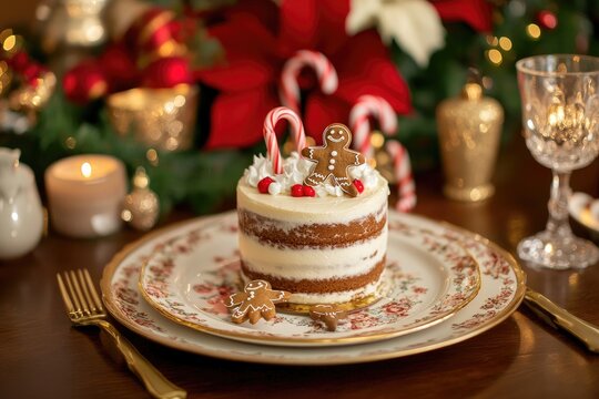 A miniature spiced cake sits on a floral patterned plate, adorned with candy canes, gingerbread men, and red berries.  It's part of a festive Christmas table setting with candles and greenery
