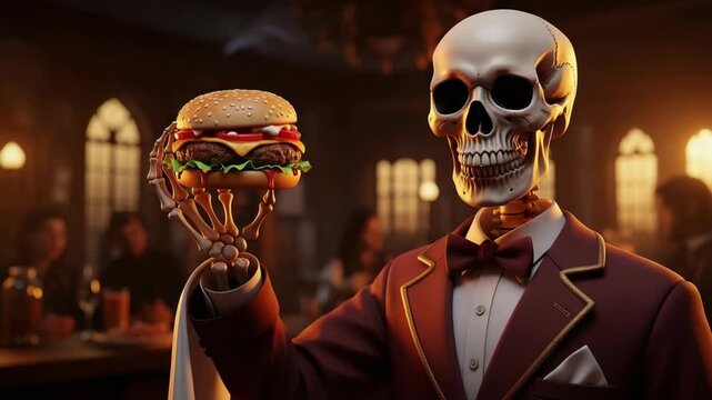 A skeleton dressed as a waiter presents a burger on a tray at a Halloween party, surrounded by costumed guests celebrating in a vibrant, festive environment