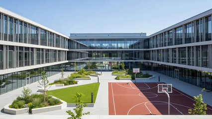Modern School Building Exterior with Courtyard and Basketball Court
