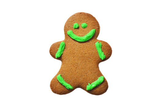 a gingerbread man with green icing on his face - Powered by Adobe