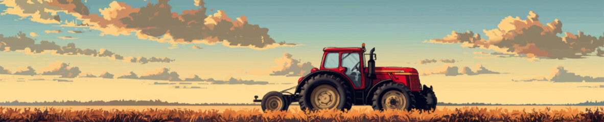 red tractor operating in a golden wheat field under a bright sky with dramatic clouds. Generative ai vector illustration. Wide banner image