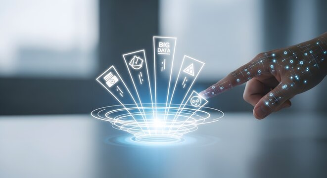 Digital transformation and business intelligence concept. Hand pointing at a futuristic virtual screen with strategy icons