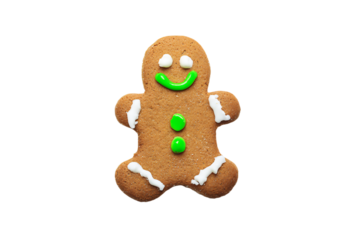 a gingerbread with a green nose and green eyes
