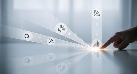 A person's hand activating a futuristic digital interface with a single touch, launching network and data icons