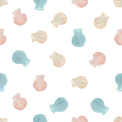 Seamless marine pattern with blue, beige and red shells. The background is hand-painted in watercolor. for the manufacture of fabrics, textiles, napkins, wrapping paper, postcards, decor, stationery