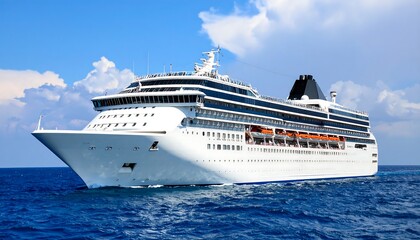Naklejka premium Large white cruise ship sailing on calm blue ocean under a partly cloudy sky