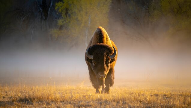 Majestic American Bison Walking Through Morning Fog