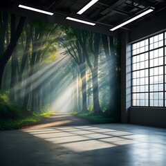 Surreal Forest Path in Industrial Space - Dreamlike Blend of Nature and Architecture