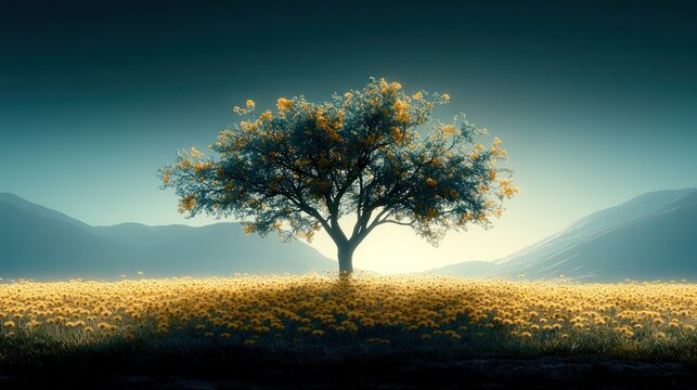 Solitary tree in a field of golden flowers at dawn - Powered by Adobe