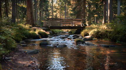 Obraz premium Tranquil forest stream flowing under rustic wooden bridge at sunset Peaceful clear stream with bridge in summer forest setting Nature path with wooden bridge over glistening creek water forest footbr