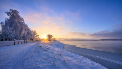 Winter Sunrise Over Frozen Lake - Snowy Landscape with Frosty Trees