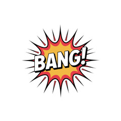 Dynamic “BANG!” onomatopoeia burst with red-yellow star rays—ideal for comic book impact effects, action button stickers, gaming UI hits, playful animations.