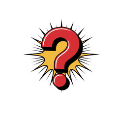 Bold red “?” explosion with yellow halftone rays—ideal for mystery highlights, FAQ graphics, quiz visuals, question prompts, comic dialogue emphasis.