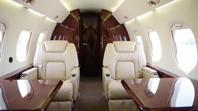 Smooth forward shot of a private jet interior showing luxury leather seats and wood tables representing corporate travel wealth and first class lifestyle