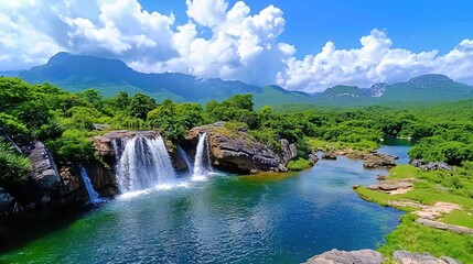 Fototapeta premium Tranquil Waterfall in Lush Tropical Landscape