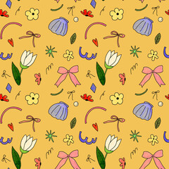 Hand Drawn Seamless Pattern, Bow, Flowers, Doodle, Cute Illustration, Yellow, Colorful, Background, drawing, marker textured
