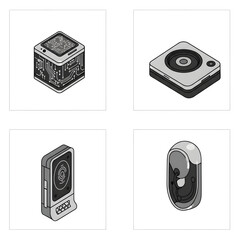 Futuristic technology icons featuring circuit boards, speakers, and digital interfaces in isometric...