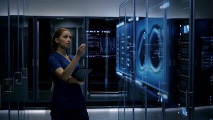 Woman in futuristic data center interacts with digital interface and servers for technology management and innovation - Powered by Adobe