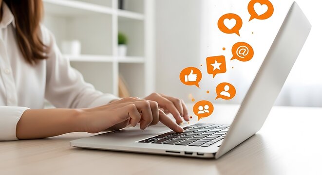 Woman's Hands Typing on Laptop with Orange Social Media Icons