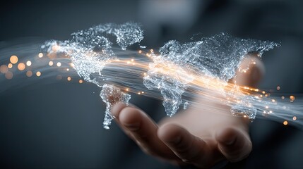 Businessman presenting global network illustration representing international markets, data flow, and digital reach