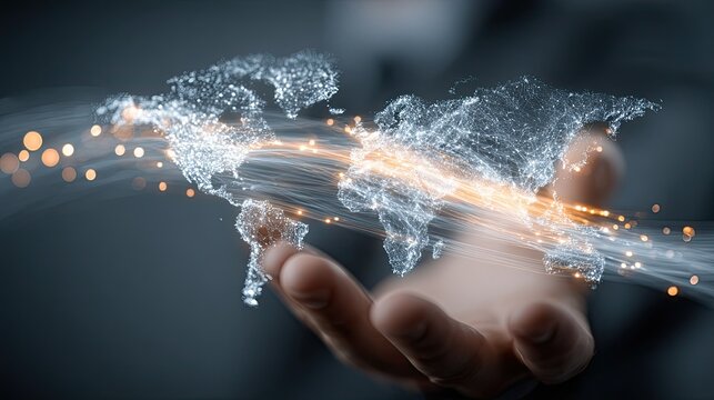 Businessman presenting global network illustration representing international markets, data flow, and digital reach