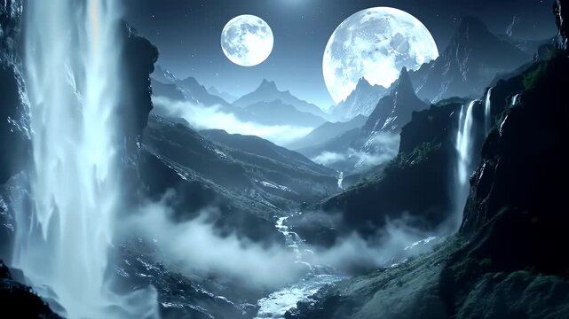 Mystical Night Landscape with Two Moons Waterfalls and River Flowing Through a Majestic Mountain Valley