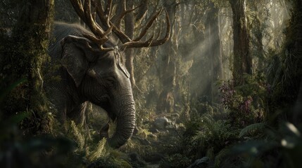 Elephant with antlers in lush forest