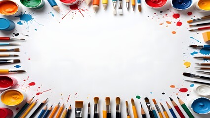 Artistic Supplies Arrangement - Paintbrushes, Paints, Pencils, and Colored Pencils Frame