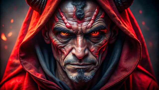 A terrifying closeup portrait of a devilish creature with glowing red eyes