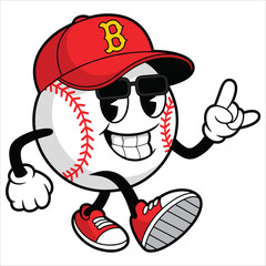 Cool baseball cartoon mascot character wearing sunglasses and pointing. Vector hand drawn illustration isolated on transparent background for sports themes