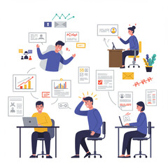 Illustration of stressed office workers overwhelmed by tasks, deadlines, and communication overload in a busy work environment.
