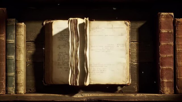 A shelf of old books holds an opened, aged, blank book in the center